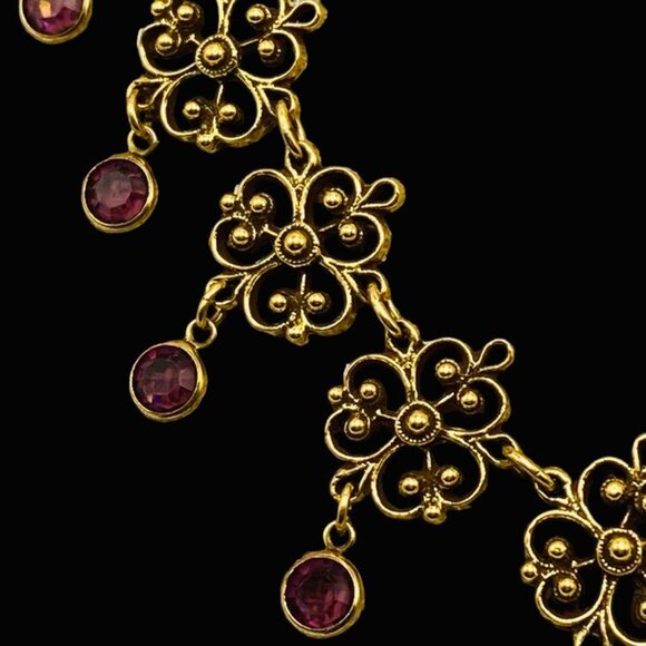Iconic Goldette Purple Fringed Rhinestone Necklace Matching Clip Earring Set - Picture 9 of 10